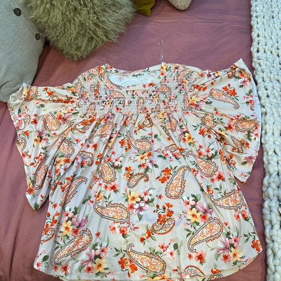 Smocked Boho Paisley Flutter-Sleeve Blouse - Cream/Peach - Picture 3 of 5